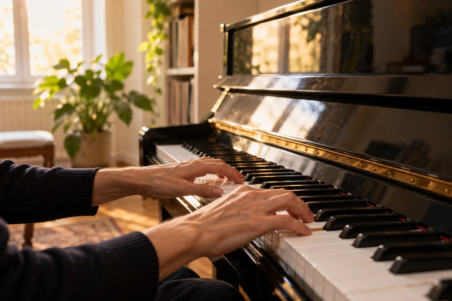 Hände spielen auf den Tasten eines Klaviers in warmem Tageslicht